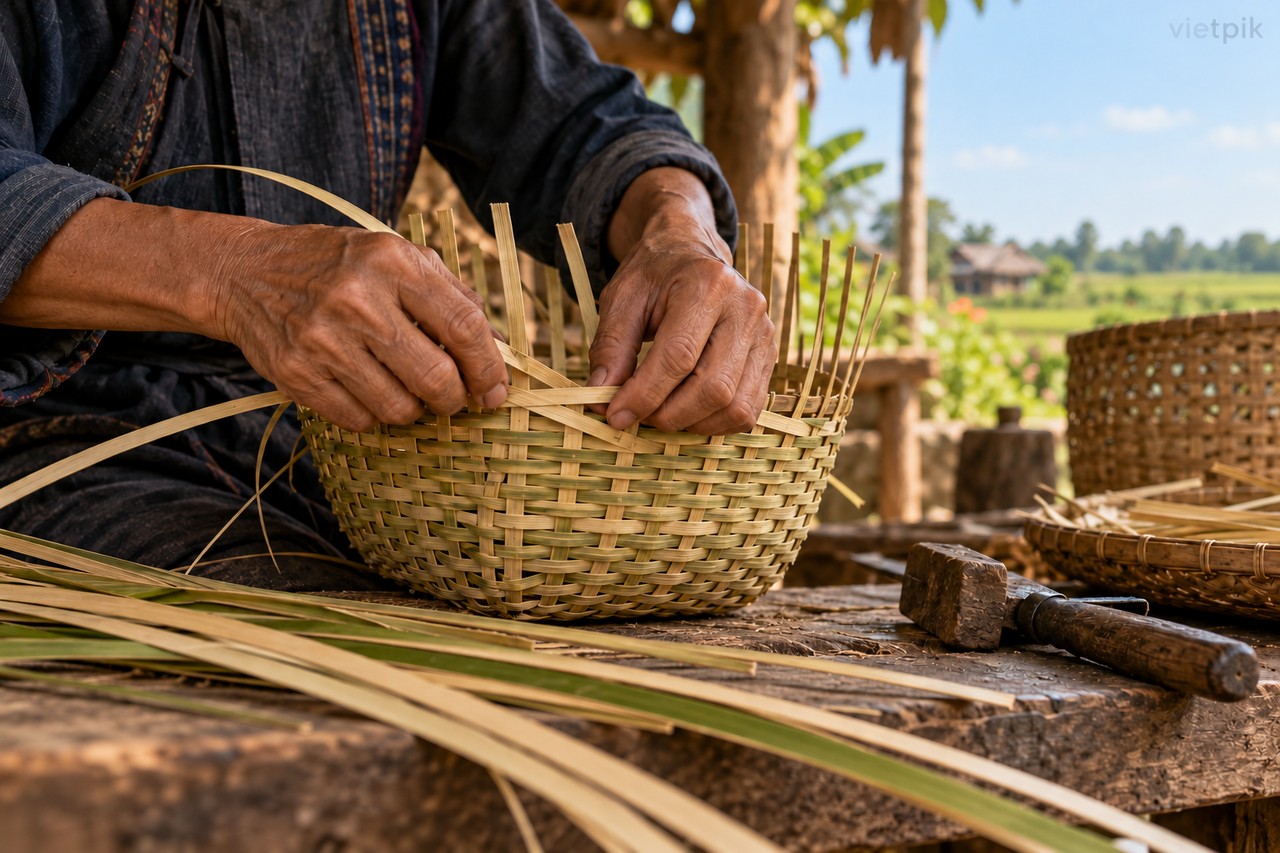 Artisan hands weaving a bamboo basket