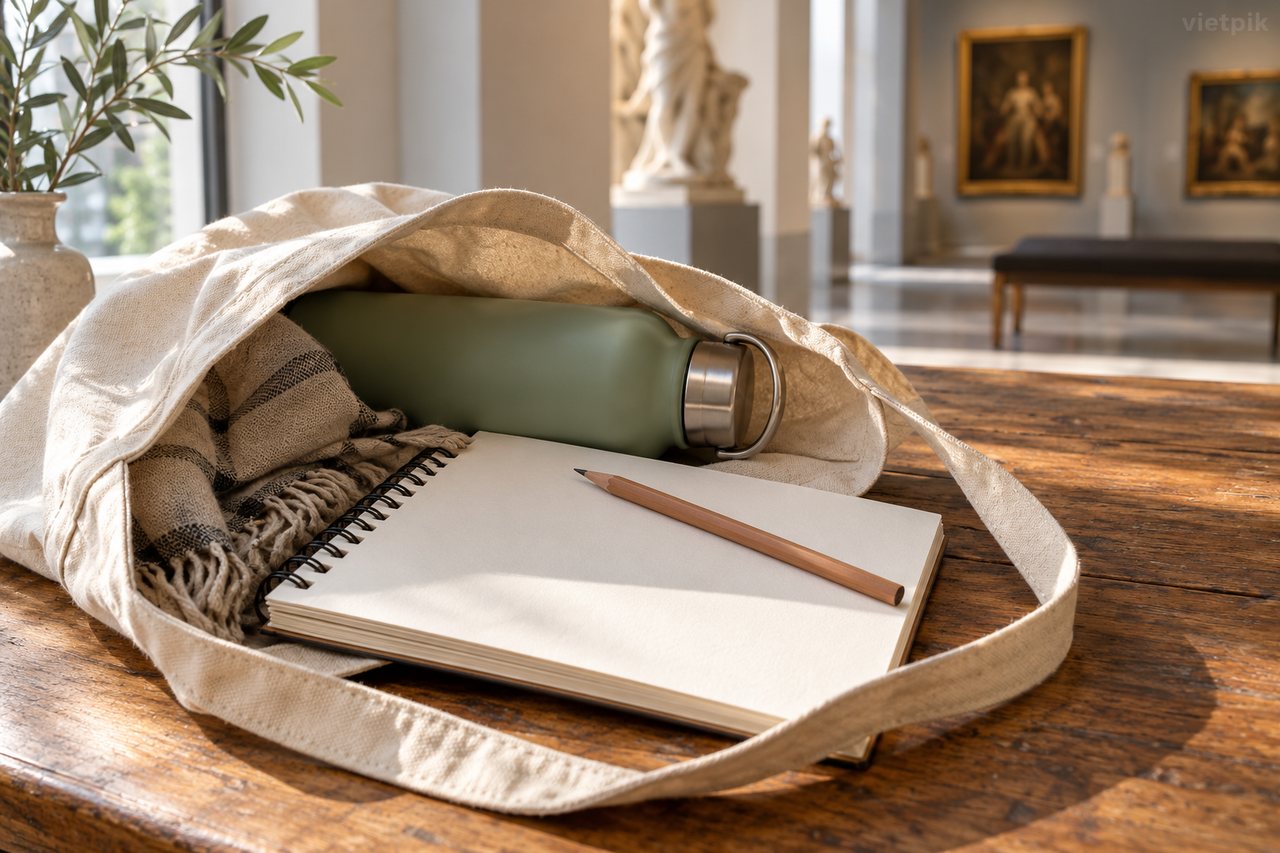 A sketchbook and water bottle in a day bag