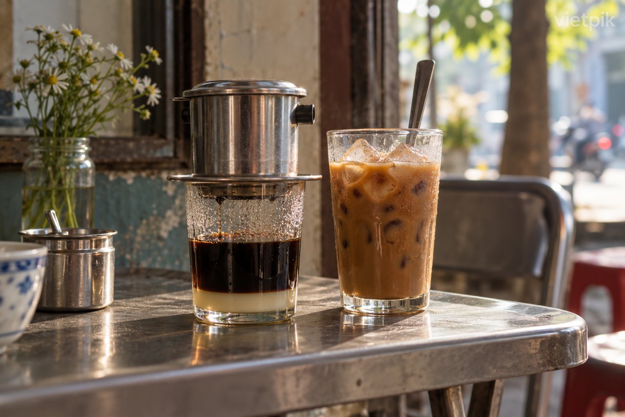 Phin coffee and iced milk coffee by a window