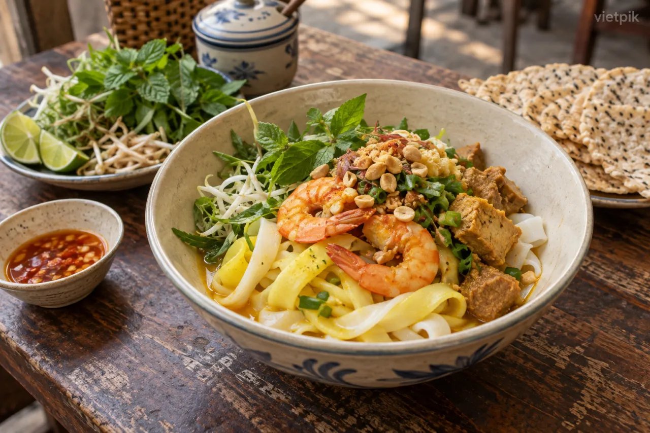 A bowl of mì Quảng with shrimp, pork, herbs and sesame rice crackers on a wooden table