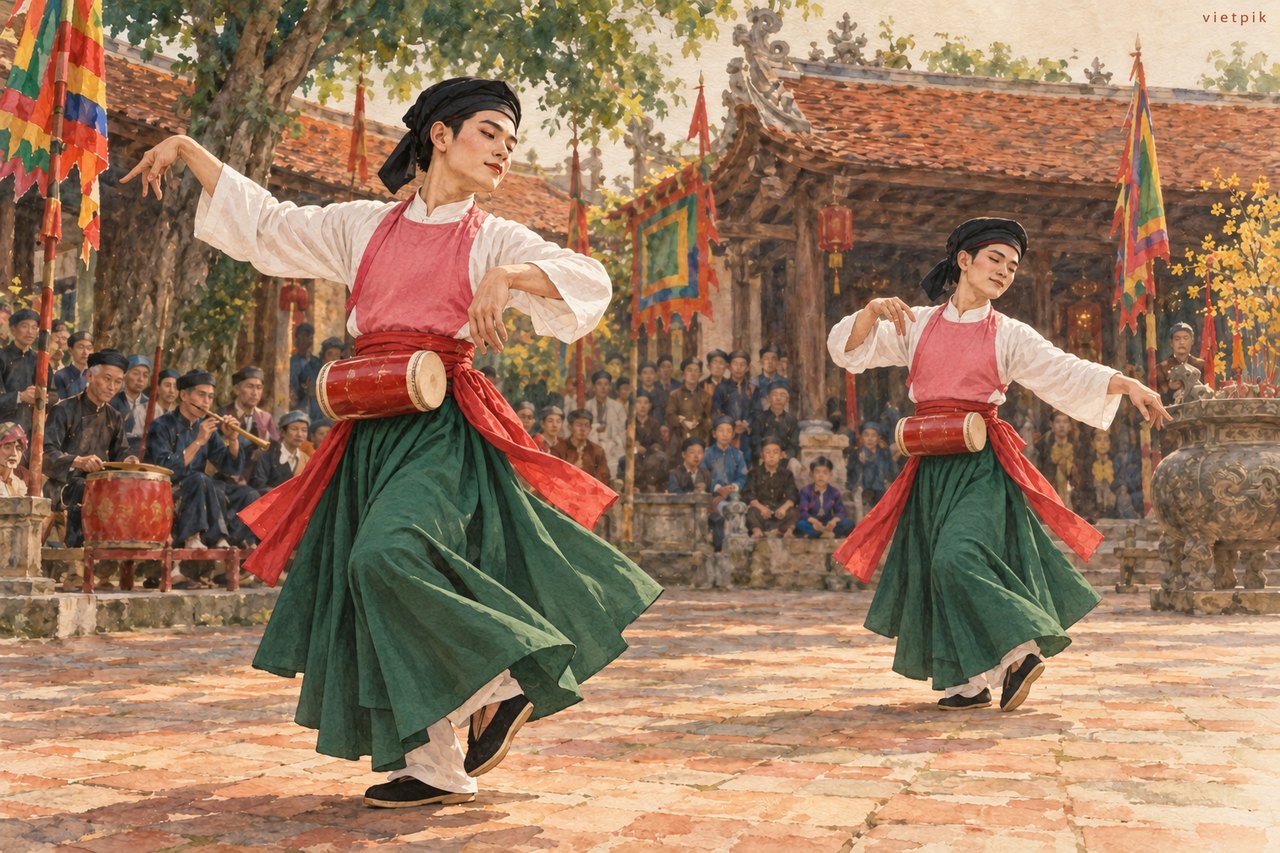 Adult múa bồng dancers with waist drums in conceptual folk dress