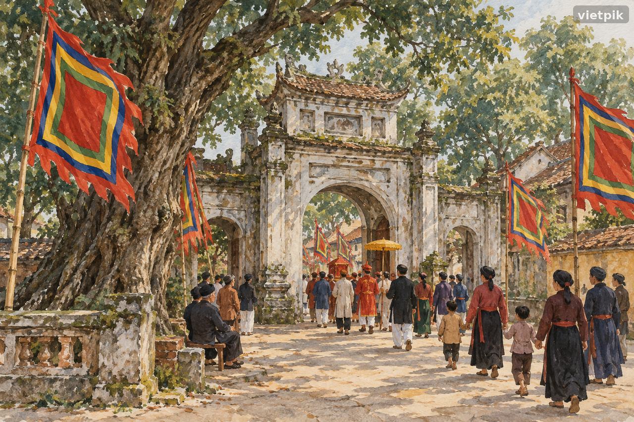 Festival flags framing an old gate beneath mature trees, conceptual gouache