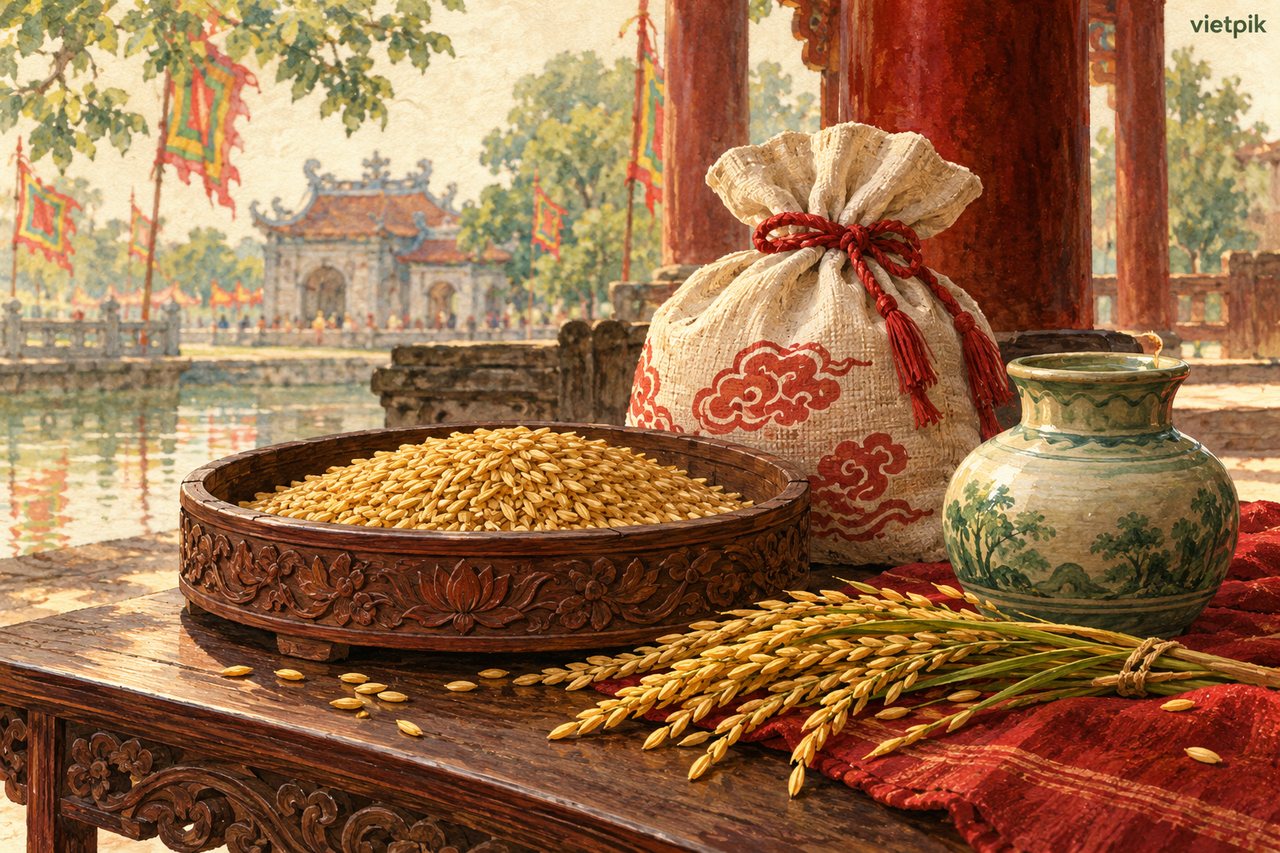 Rice grains, a cloth grain bag and a water vessel