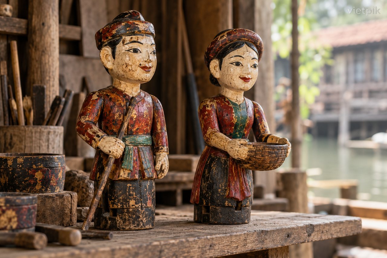 Conceptual wooden water-puppet figures in a workshop