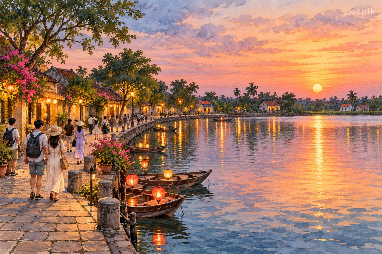 Concept of a Vietnamese heritage-town walk beside a lake