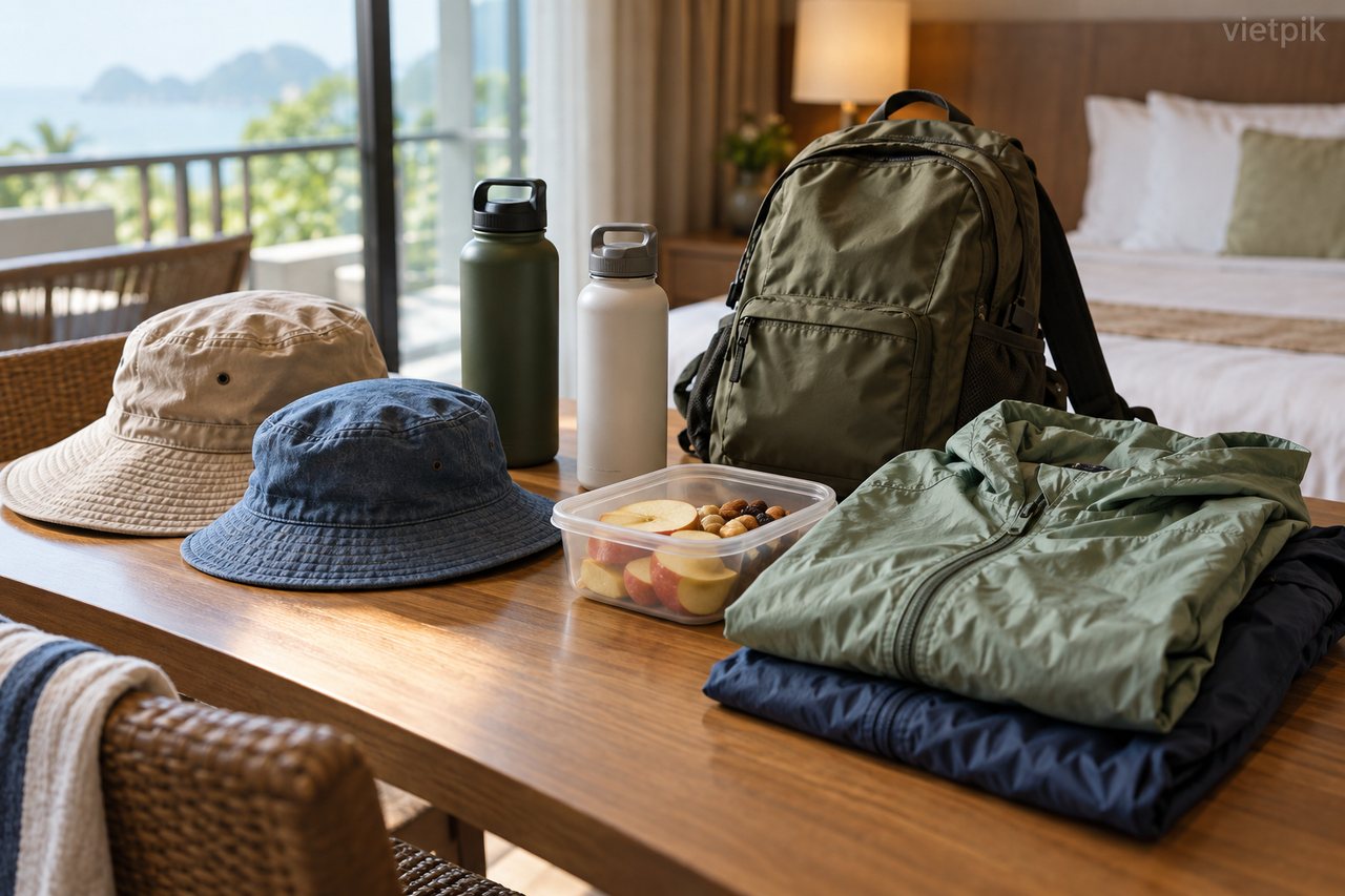 Water bottles, hats and a bag prepared for an outing