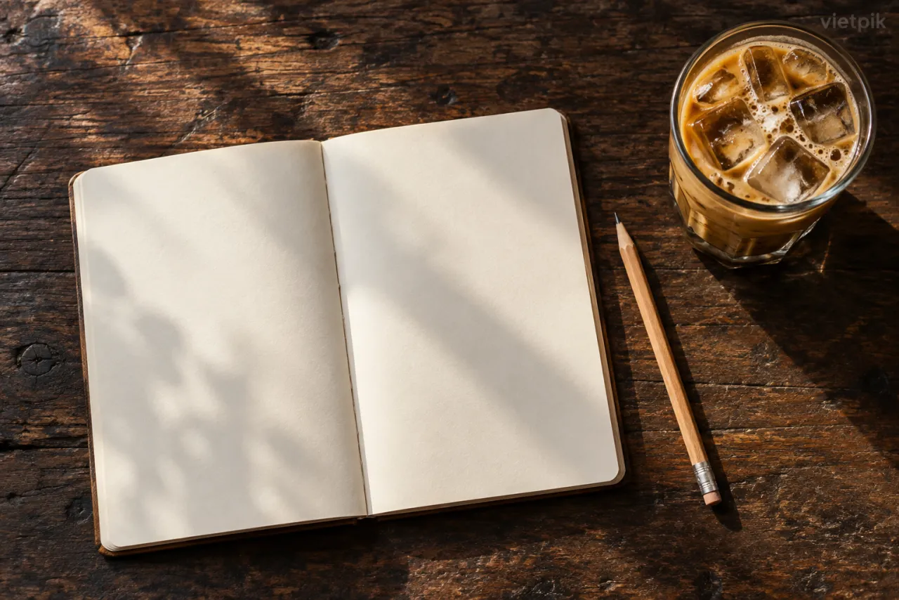 Open notebook and pencil beside iced coffee on a wooden table