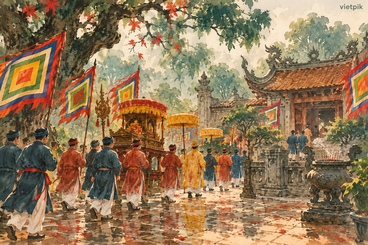 A community procession in an imagined northern temple courtyard