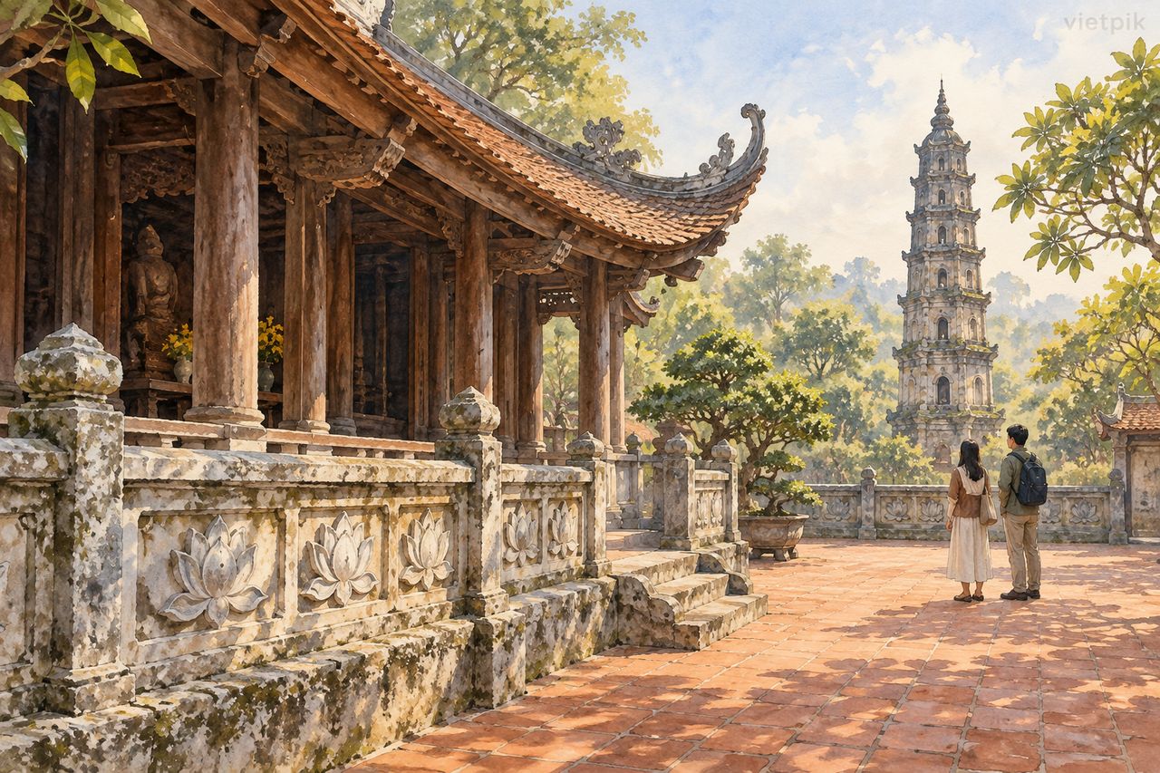 Conceptual Buddhist temple courtyard and stonework