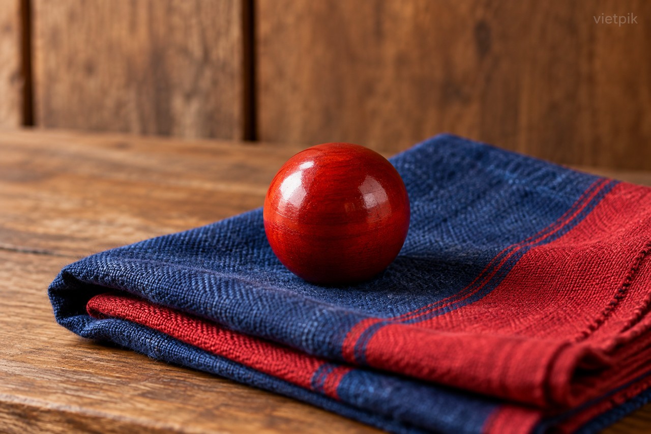 Symbolic red lacquer ball on red and blue cloth