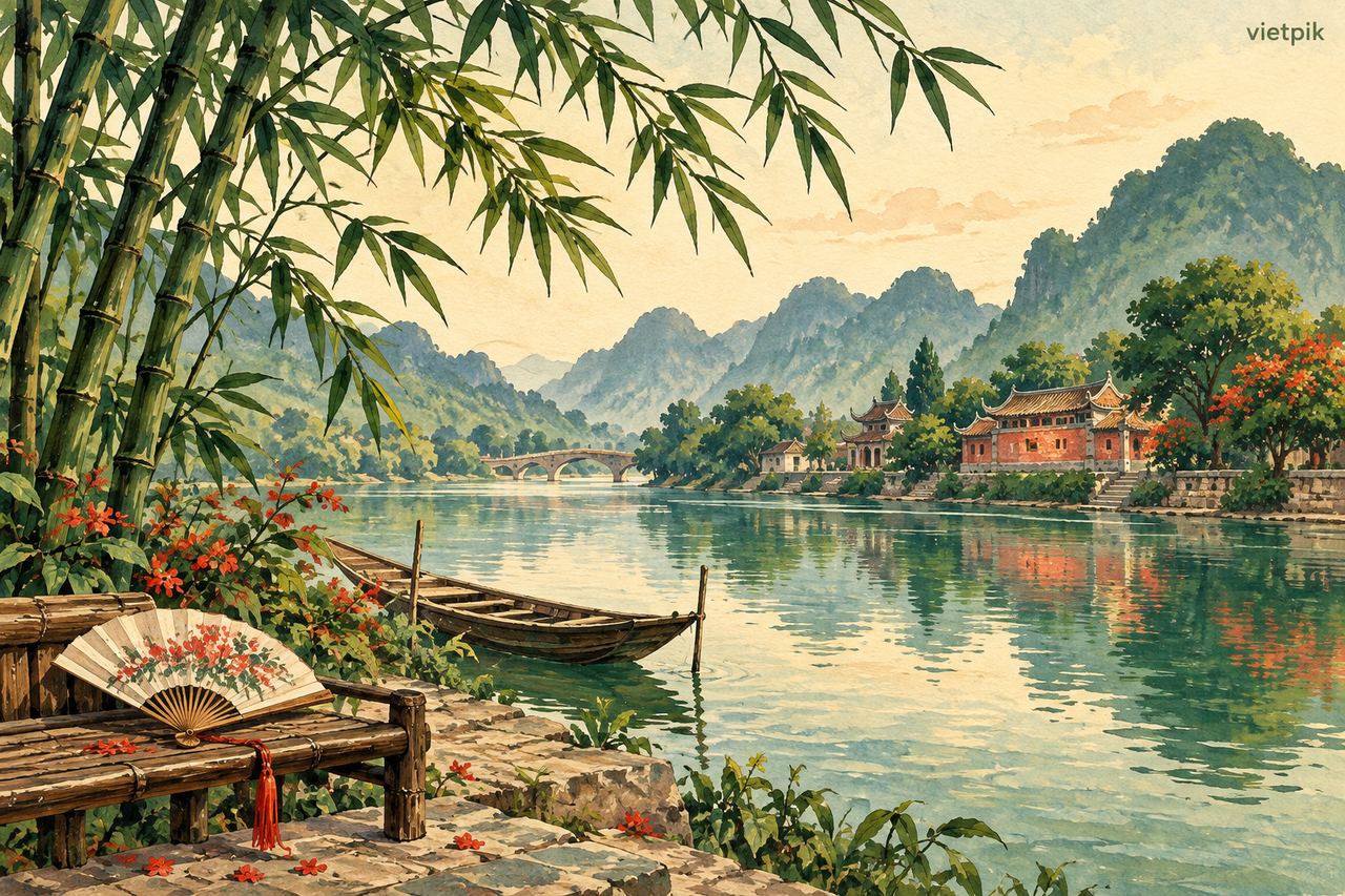 A hand fan, bamboo and a quiet river boat