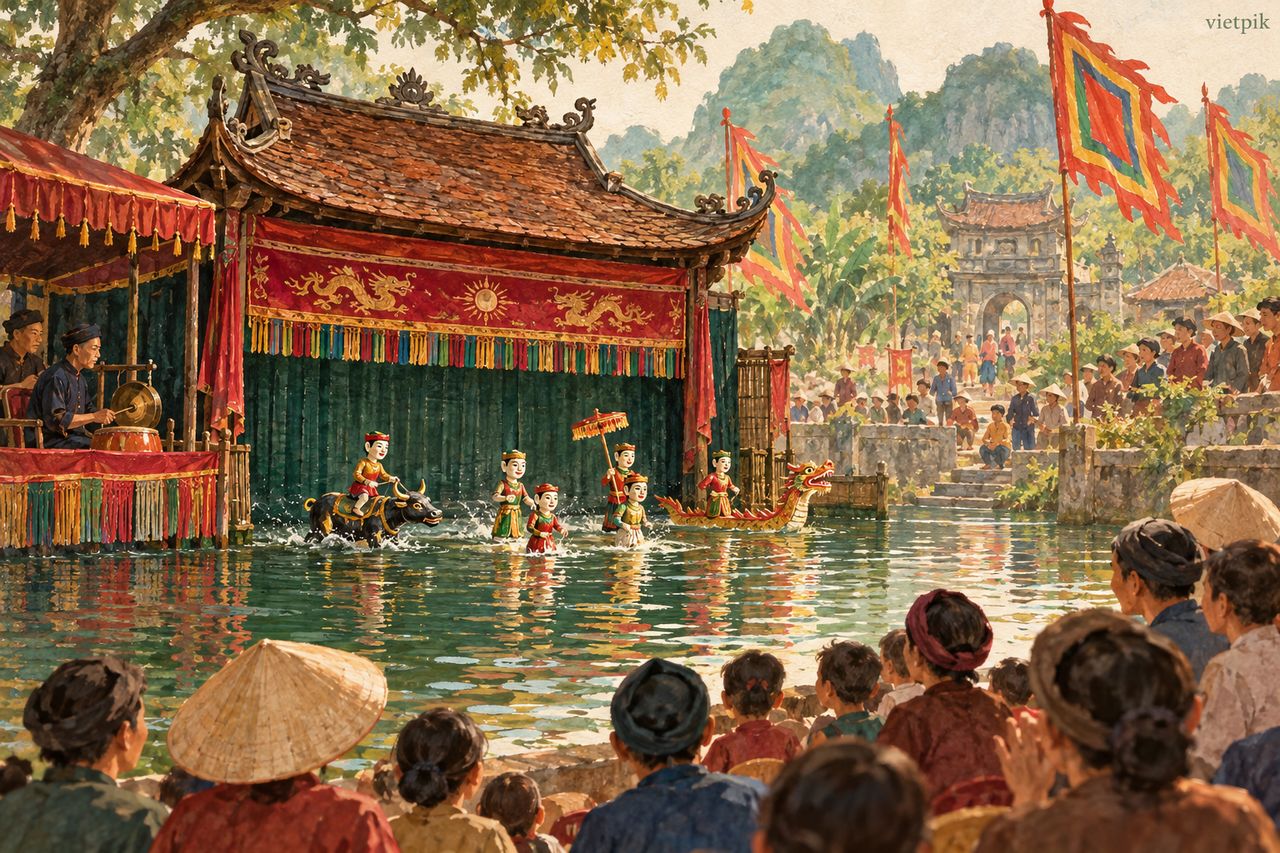 A conceptual water-puppet performance with a watching audience