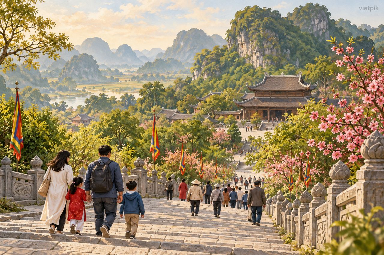 Families on a stone path in a pagoda landscape