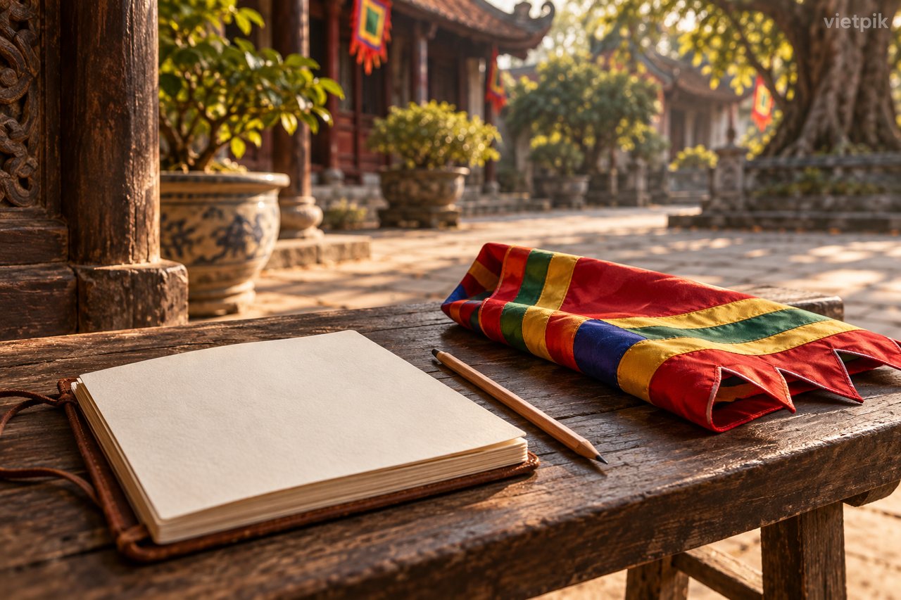 Notebook and folded festival flag in a courtyard