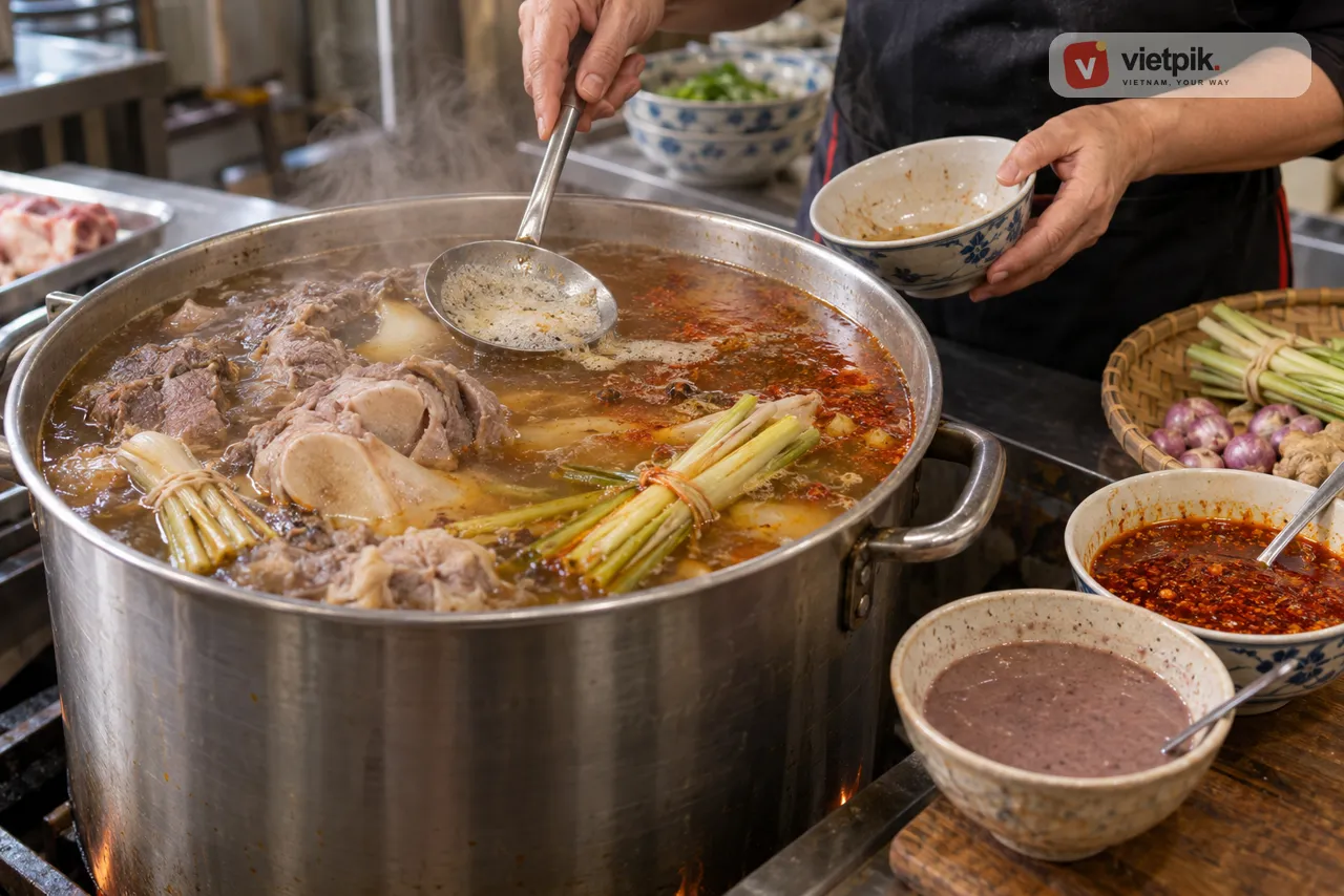 A cook skimming a large pot of Bún bò Huế broth with lemongrass, beef and pork bones