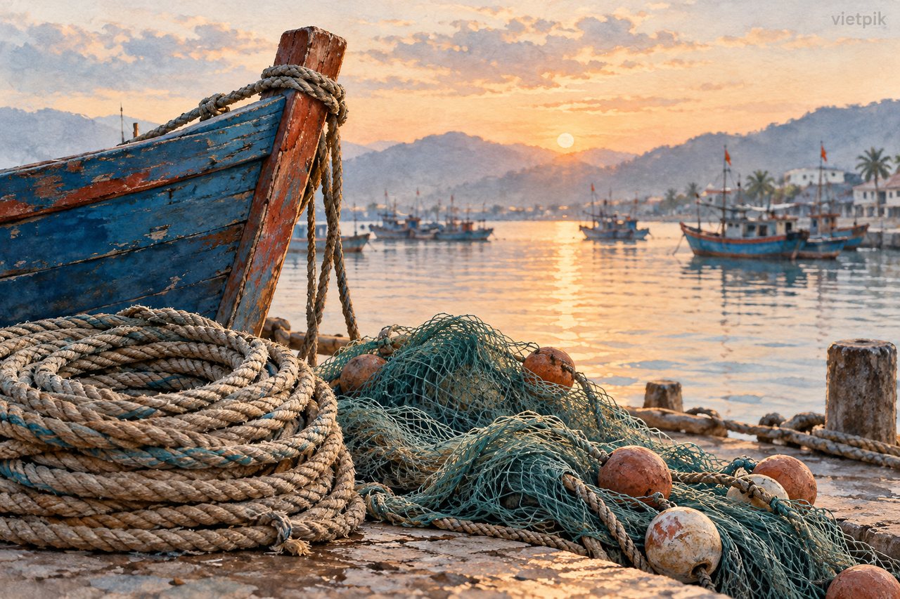 Fishing rope and nets beside a wooden boat