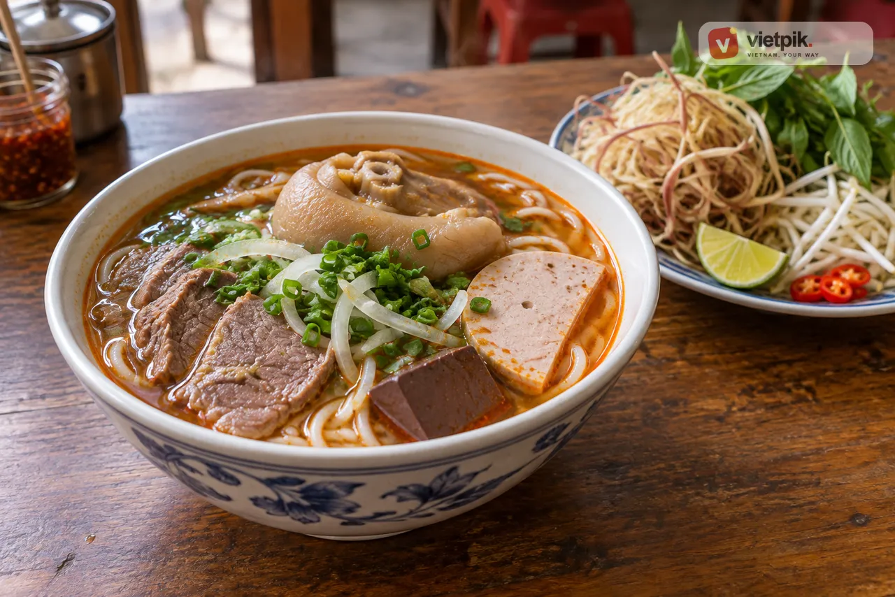 A traditional bowl of Bún bò Huế with thick round noodles, beef shank, pork hock, pork sausage and herbs