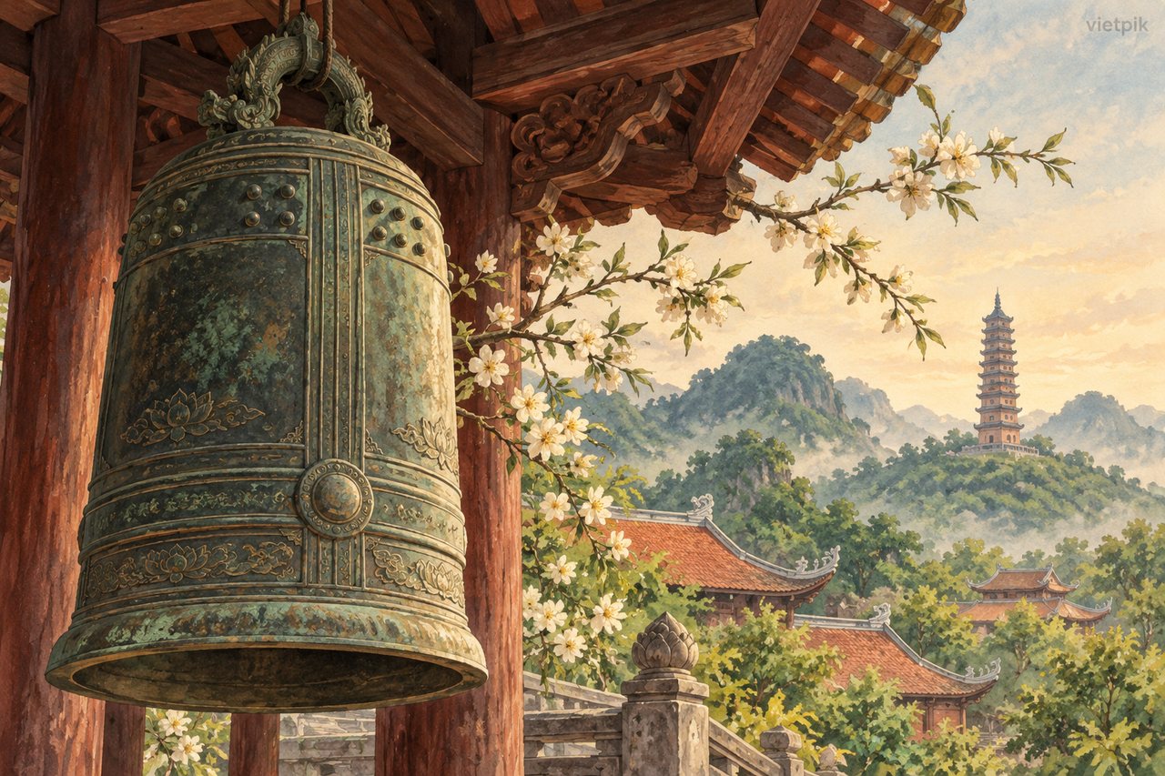 Weathered bronze bell under a wooden eave