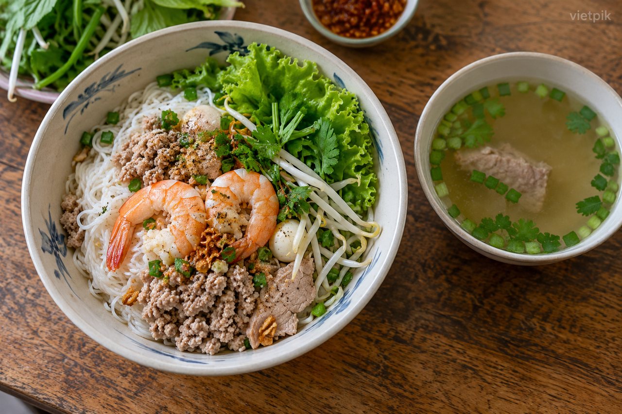 Hủ tiếu served with accompaniments