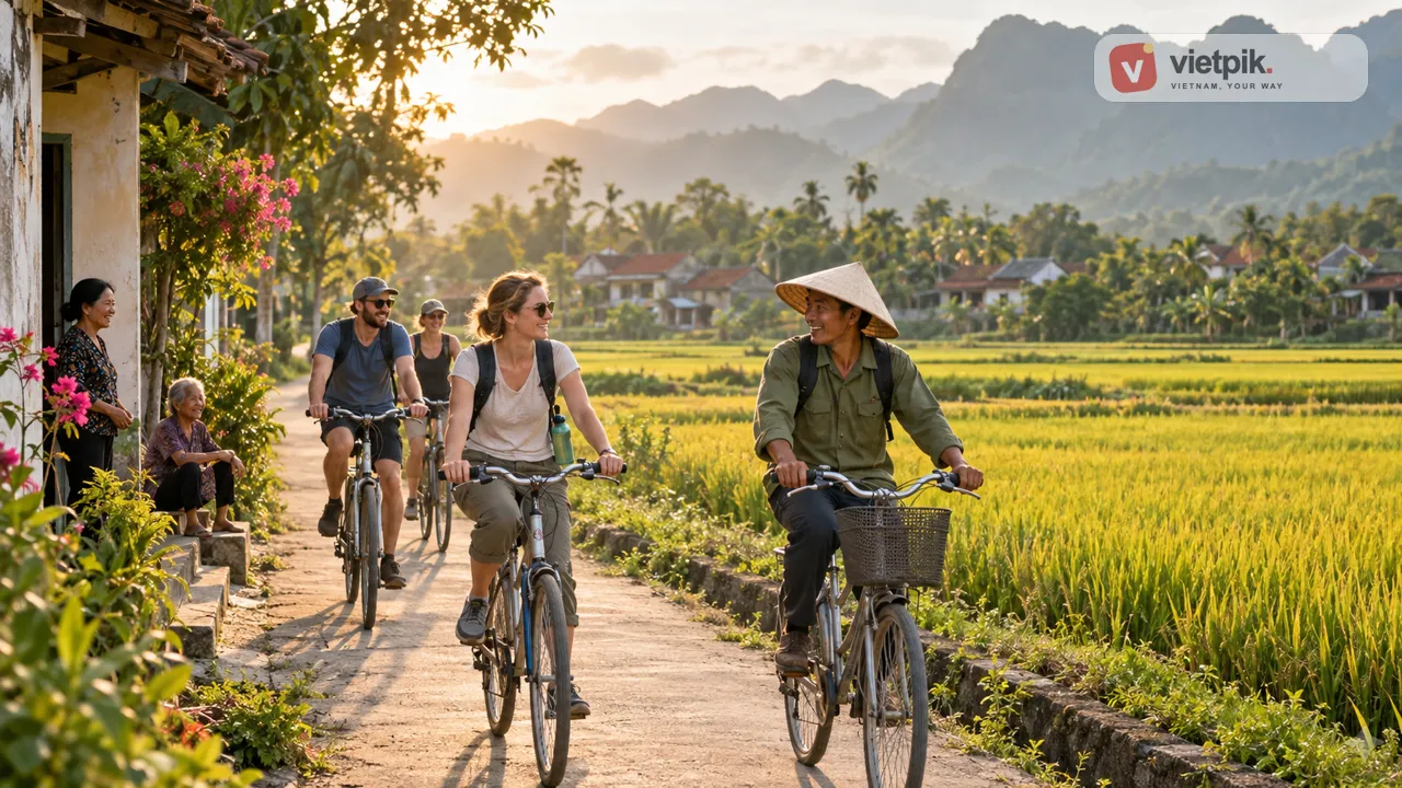Small cycling group traveling with a local guide beside Vietnamese rice fields