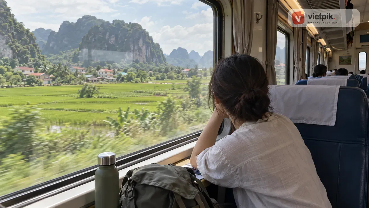 Passenger watching green rice fields and limestone hills from a train in Vietnam