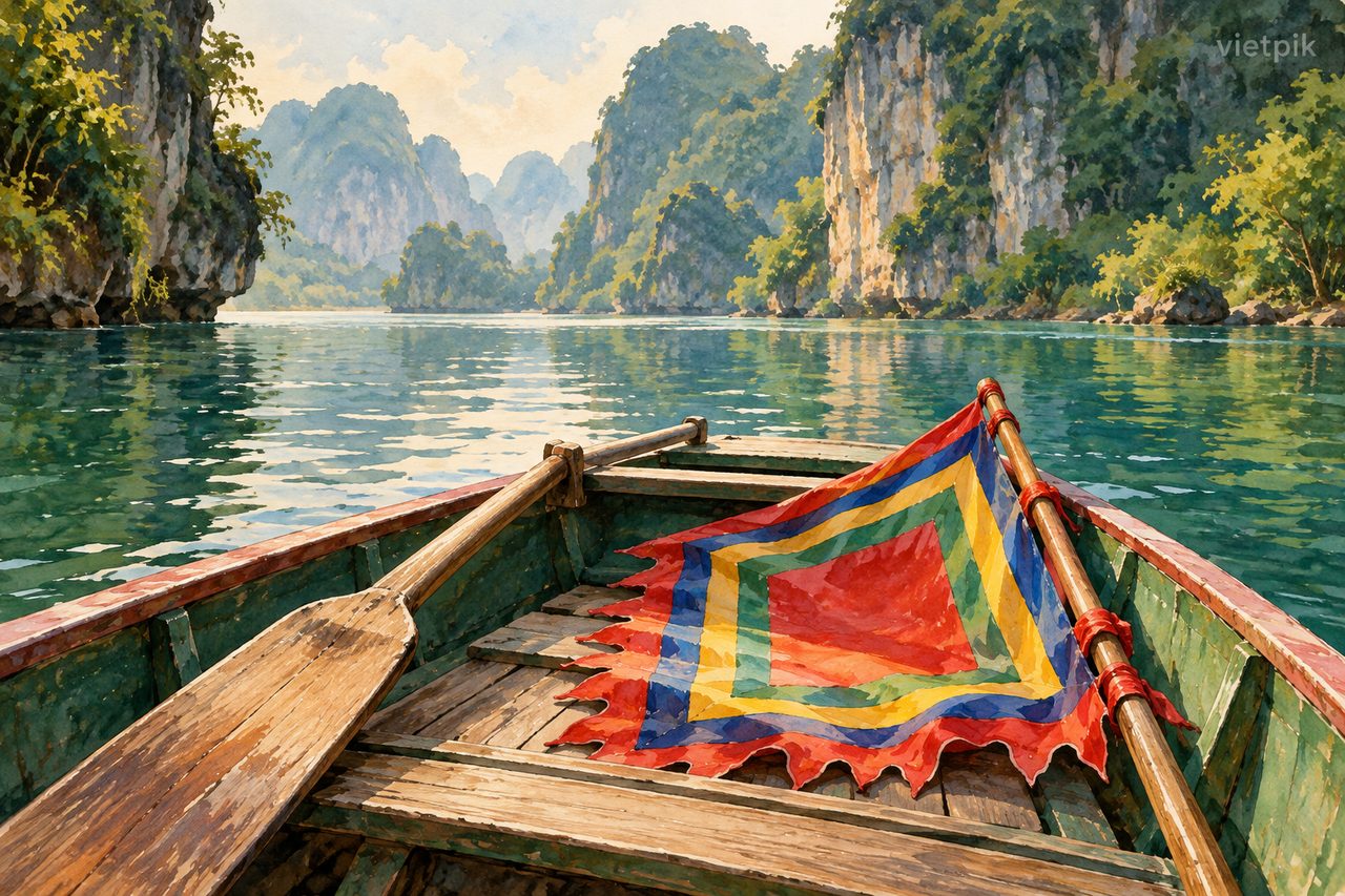 Festival flag and wooden paddle in an empty boat