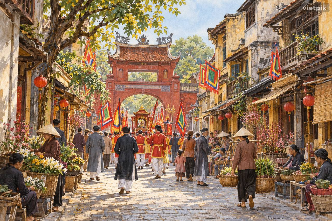 A narrow Old Quarter street opening toward a conceptual red temple gate with festival flags