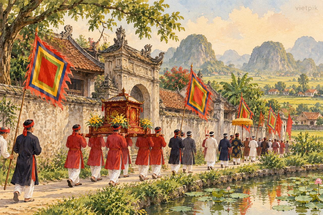 Community palanquin procession beside an old temple wall