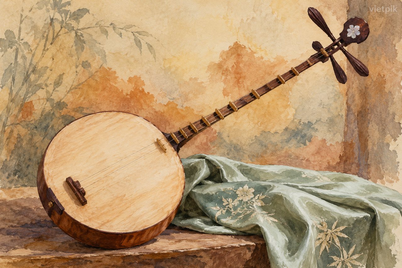 Conceptual watercolour of a moon-shaped lute
