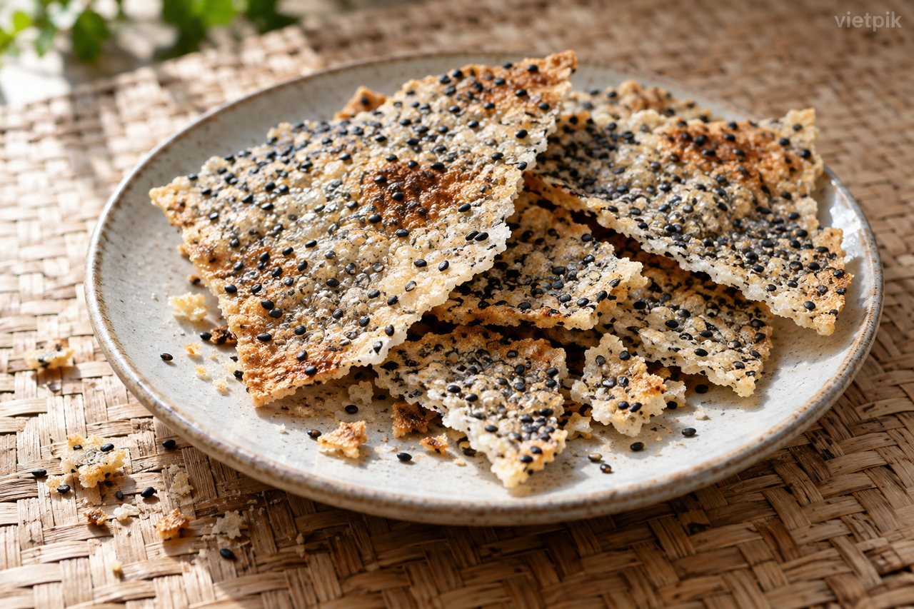 Broken toasted sesame crackers on a plate