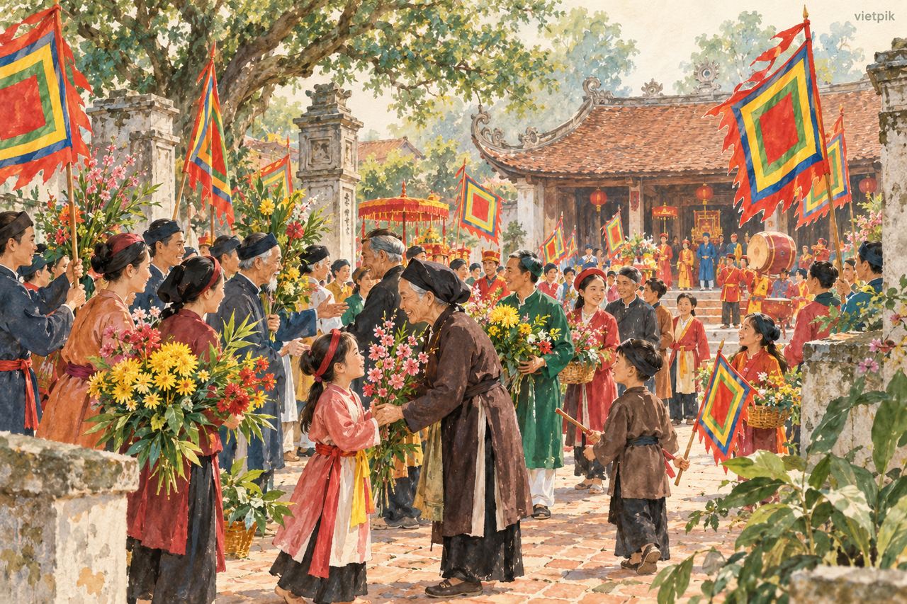 Community delegations meeting with flowers and festival flags
