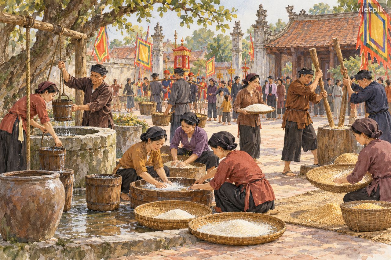 Teams drawing water and preparing grain in a conceptual northern village courtyard