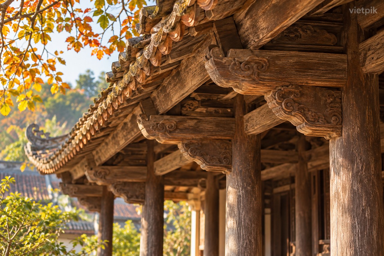Weathered timber and tiles in a shaded veranda