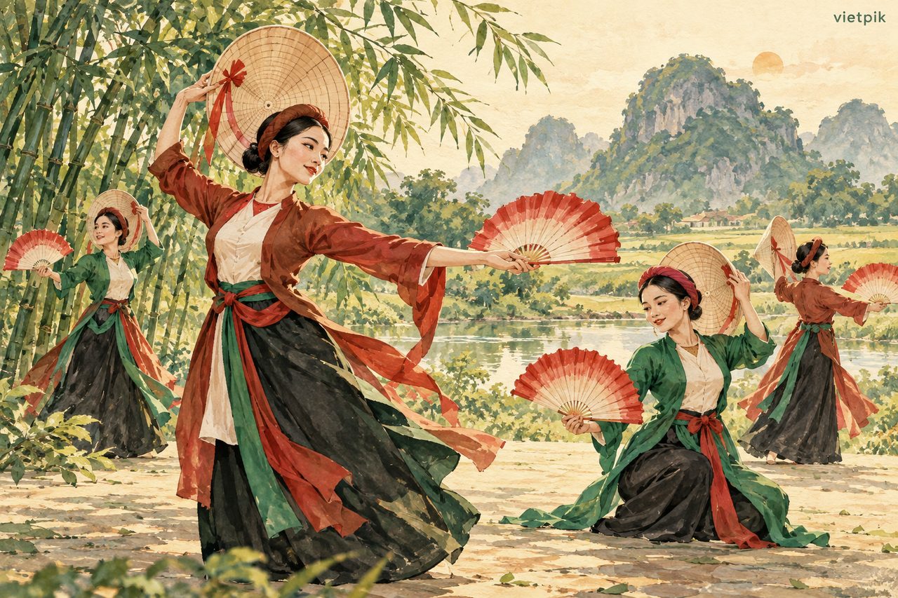 A conceptual group folk dance beside bamboo