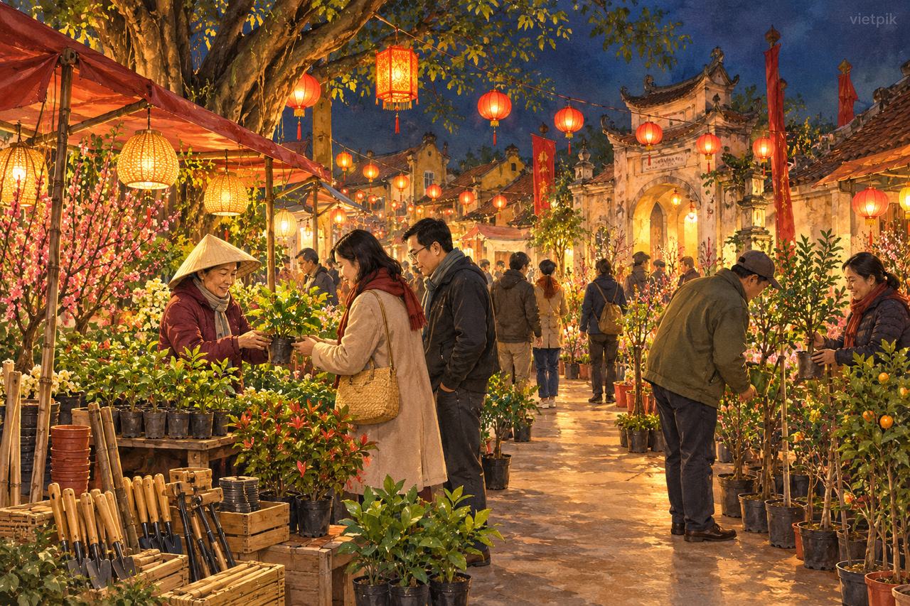 Evening market with seedlings and gardening tools