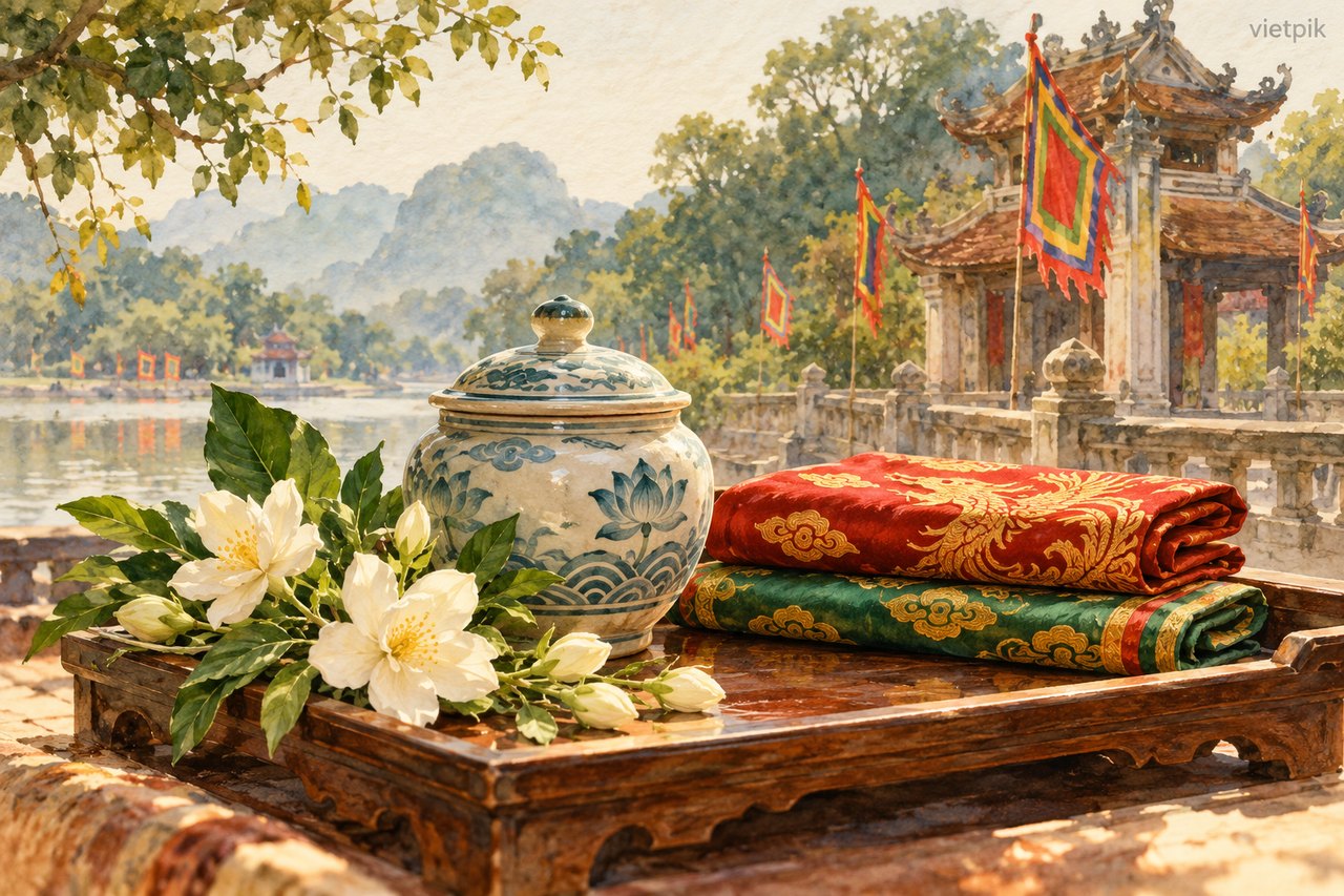 Covered ceramic water vessel, flowers and folded cloth
