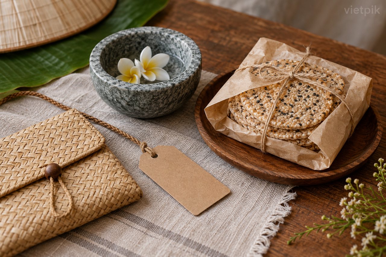 Conceptual stone bowl, sesame crackers and woven pouch