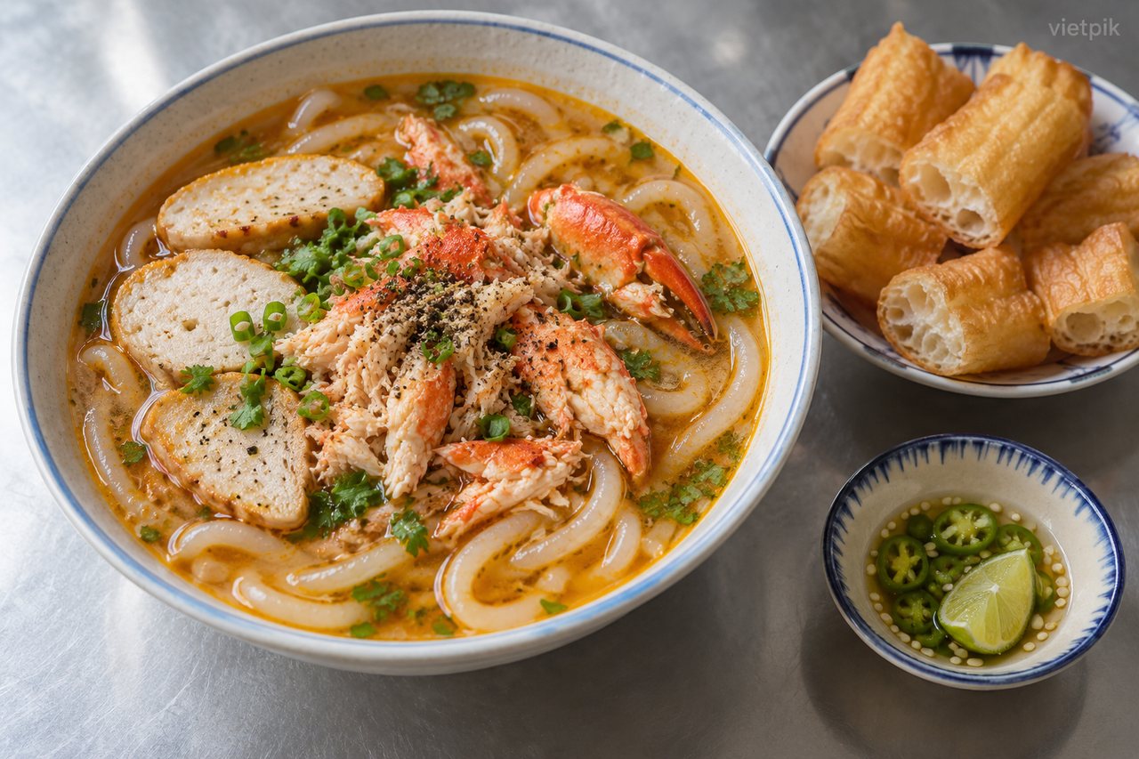 Crab bánh canh beside fried dough