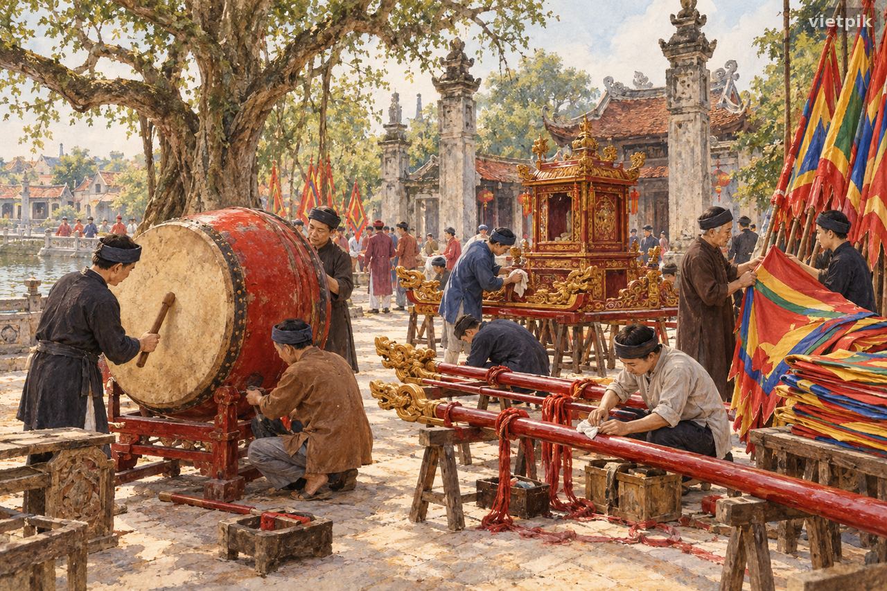 Drum, palanquin poles and folded flags prepared by community members