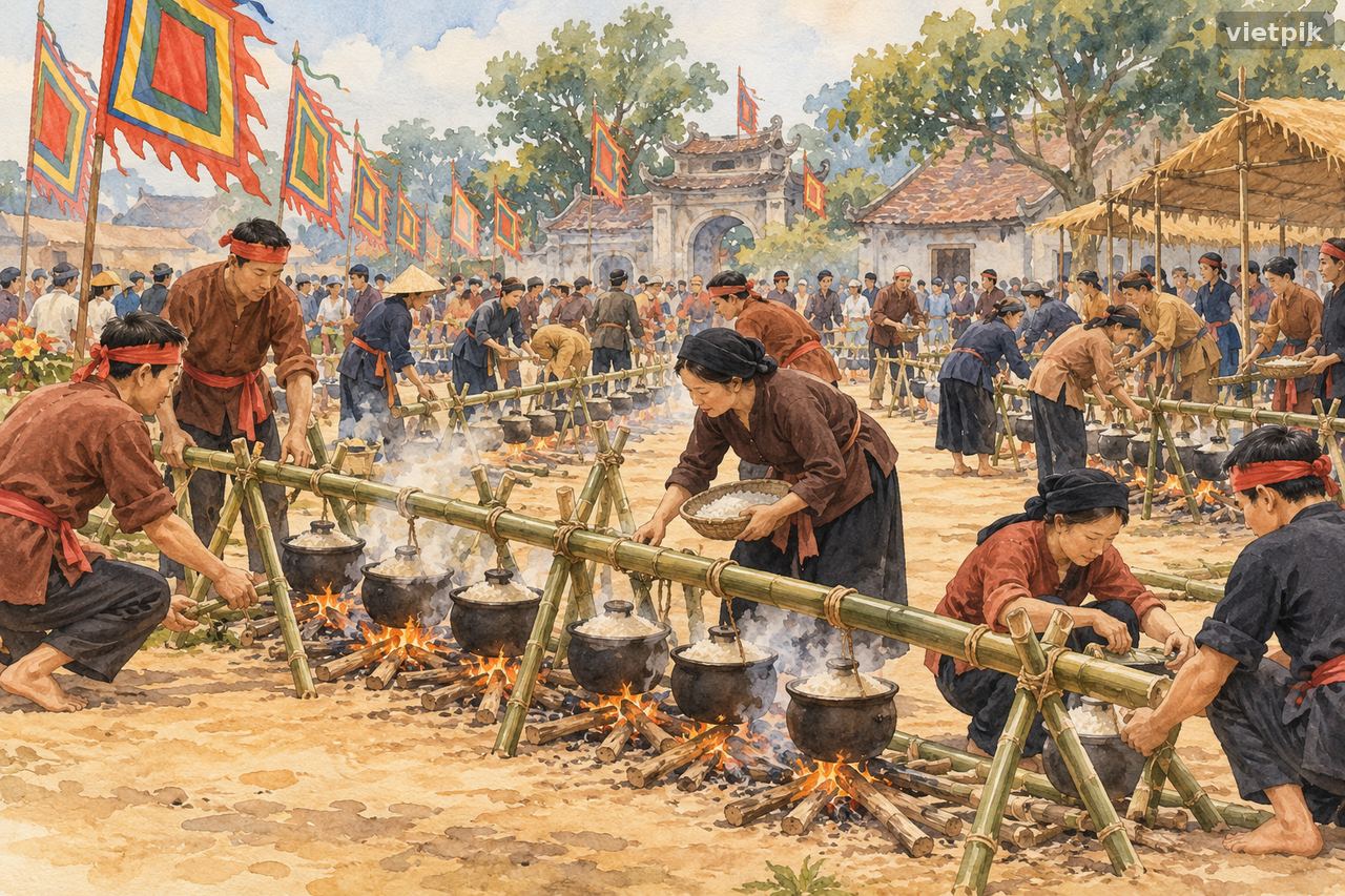 Parallel rice-cooking teams working under village festival flags, conceptual gouache