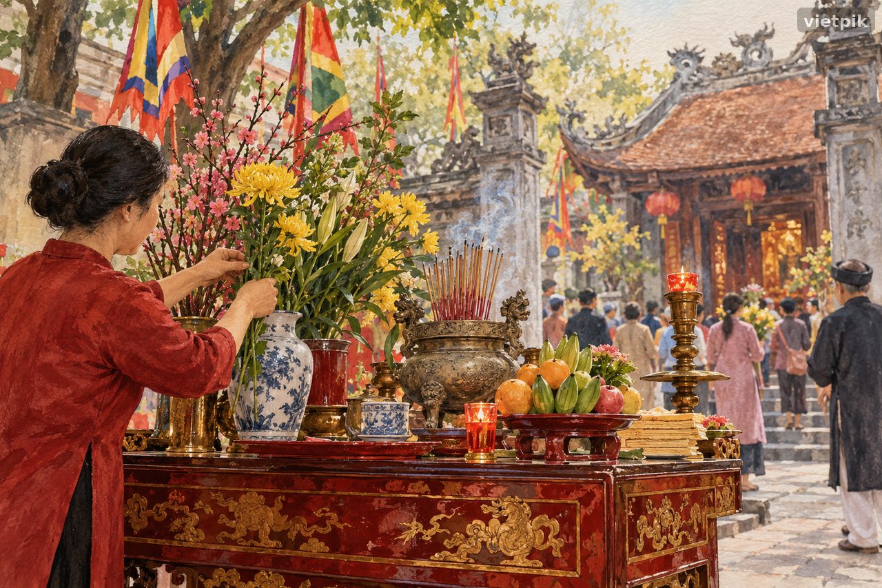 Hands arranging flowers and incense on a lacquered offering table, conceptual illustration