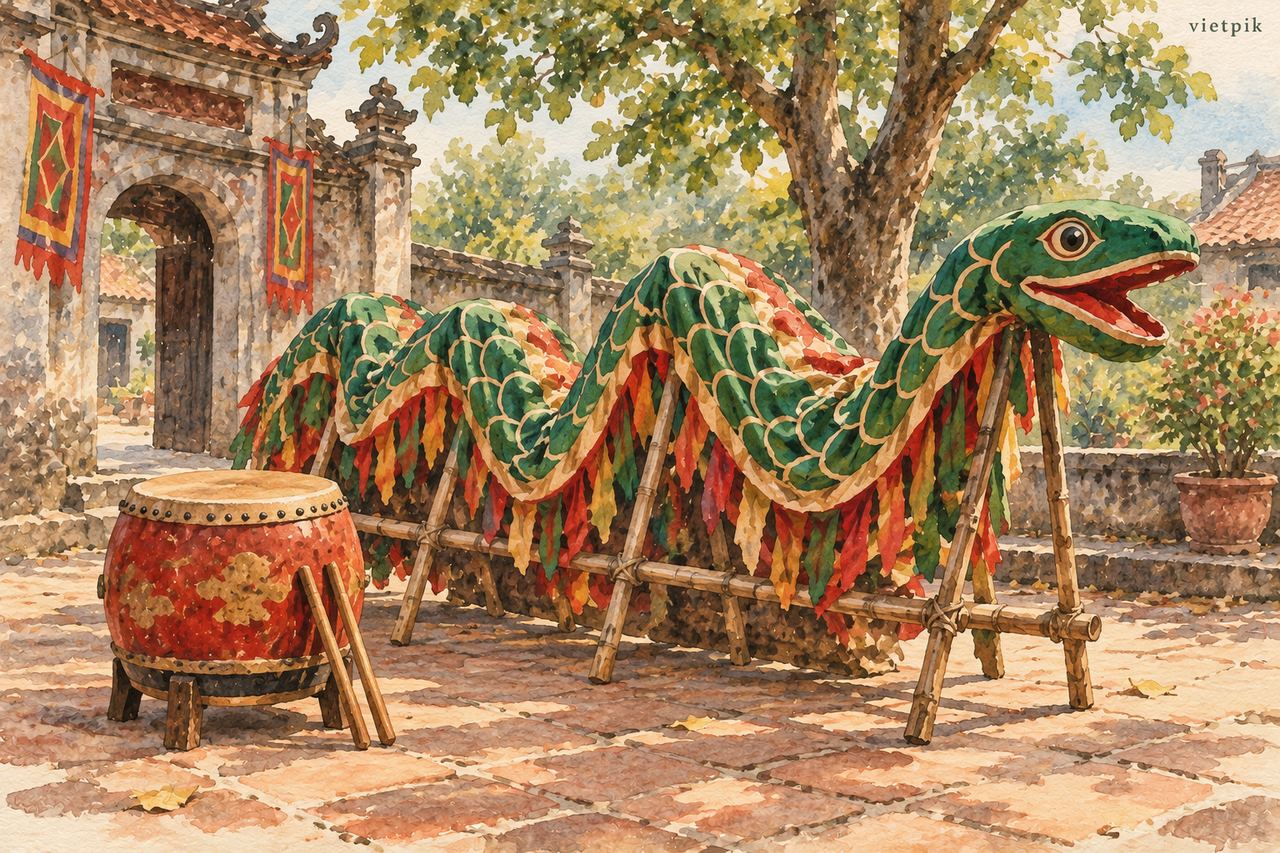 A conceptual serpent theatre prop and drum prepared in a courtyard