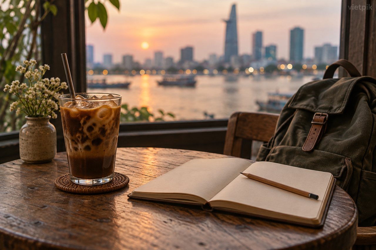 Coffee and a blank travel notebook beside a window