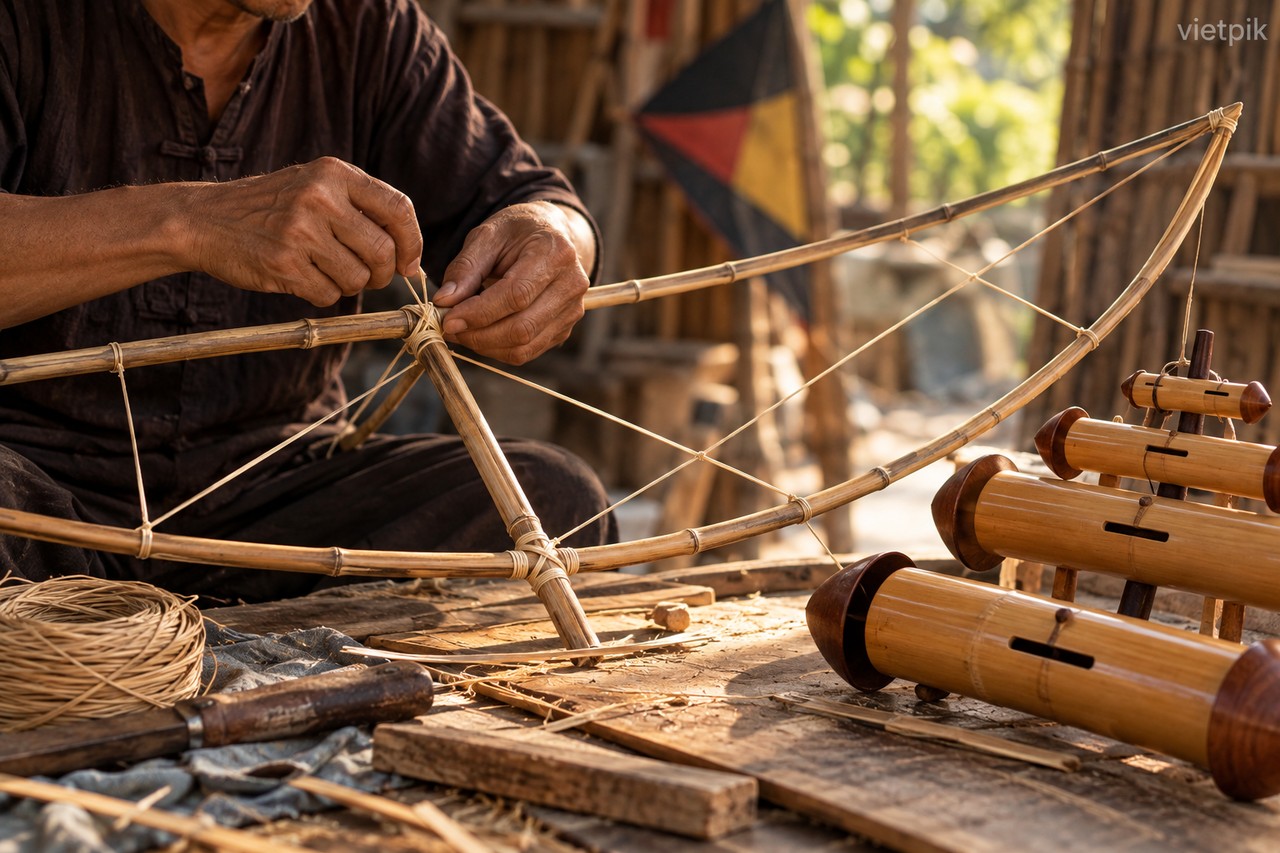 Artisan hands binding a kite frame beside bamboo flutes