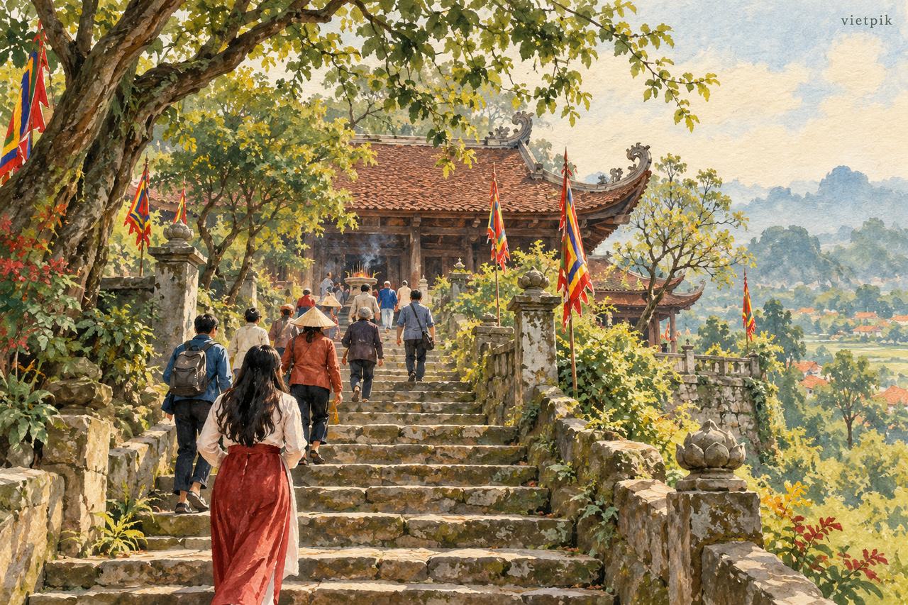 Visitors on stone steps in a conceptual hilltop pagoda landscape