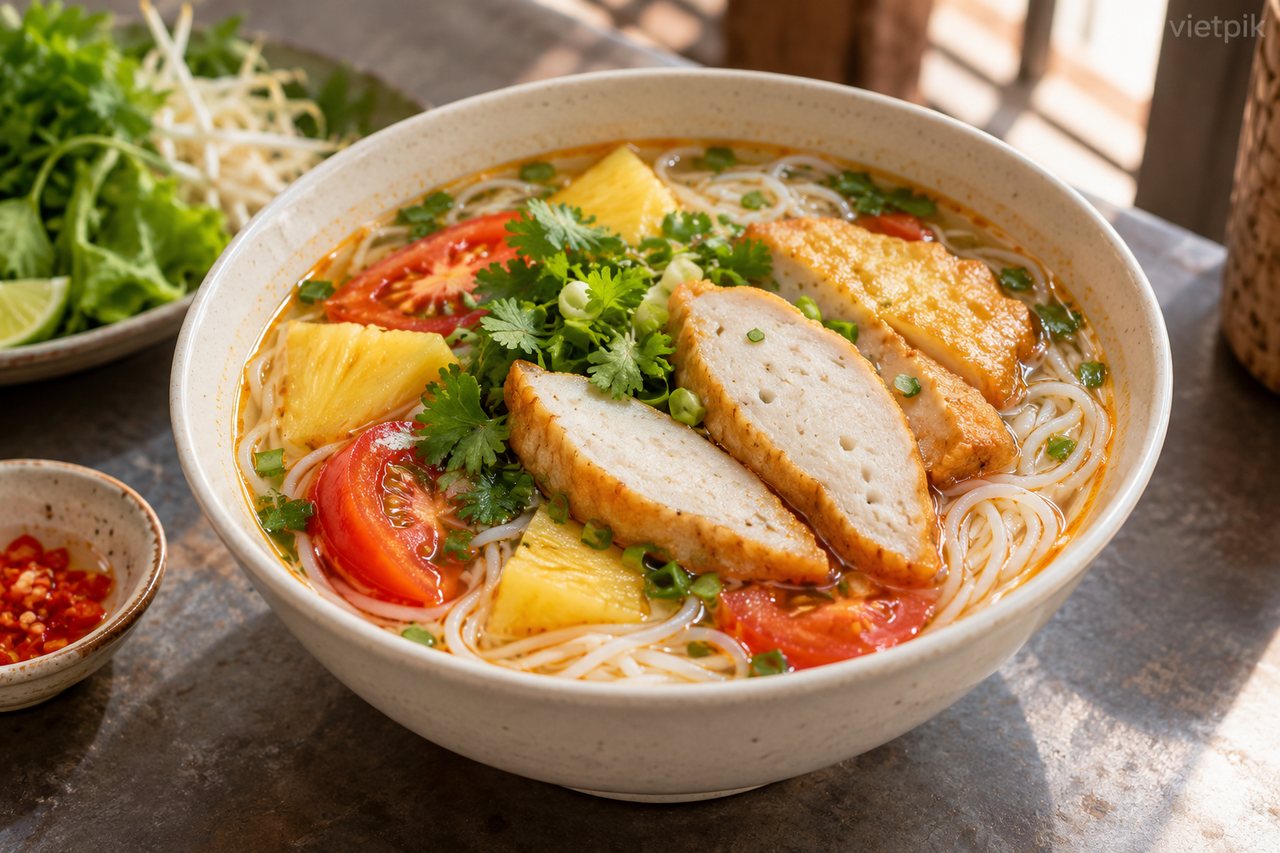 Fish-cake noodle soup with tomato and herbs