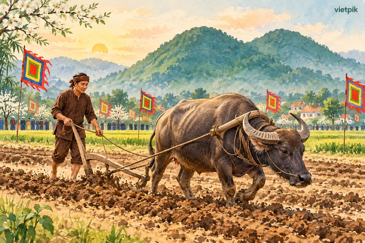 A farmer, buffalo and wooden plough in a festival-inspired field