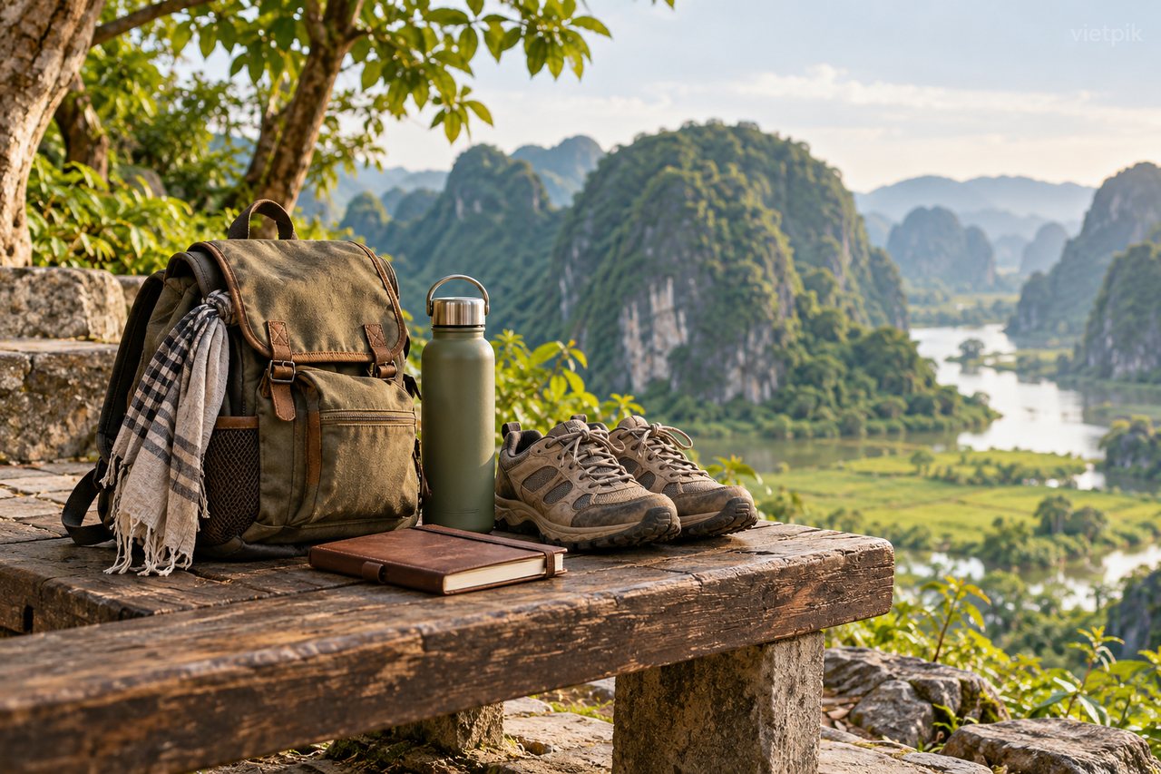 Day-trip bag, shoes and water bottle