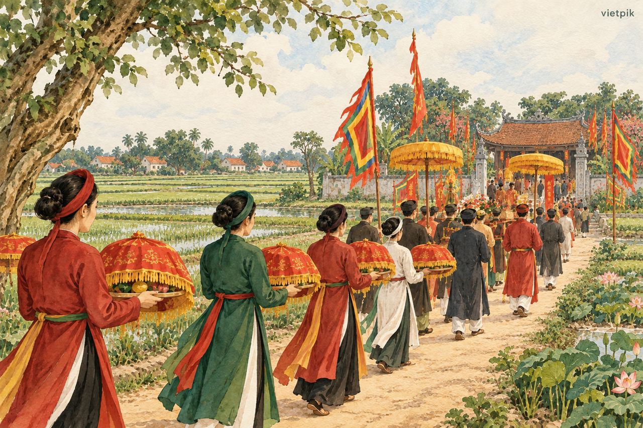 An offering procession approaching a level-ground village temple