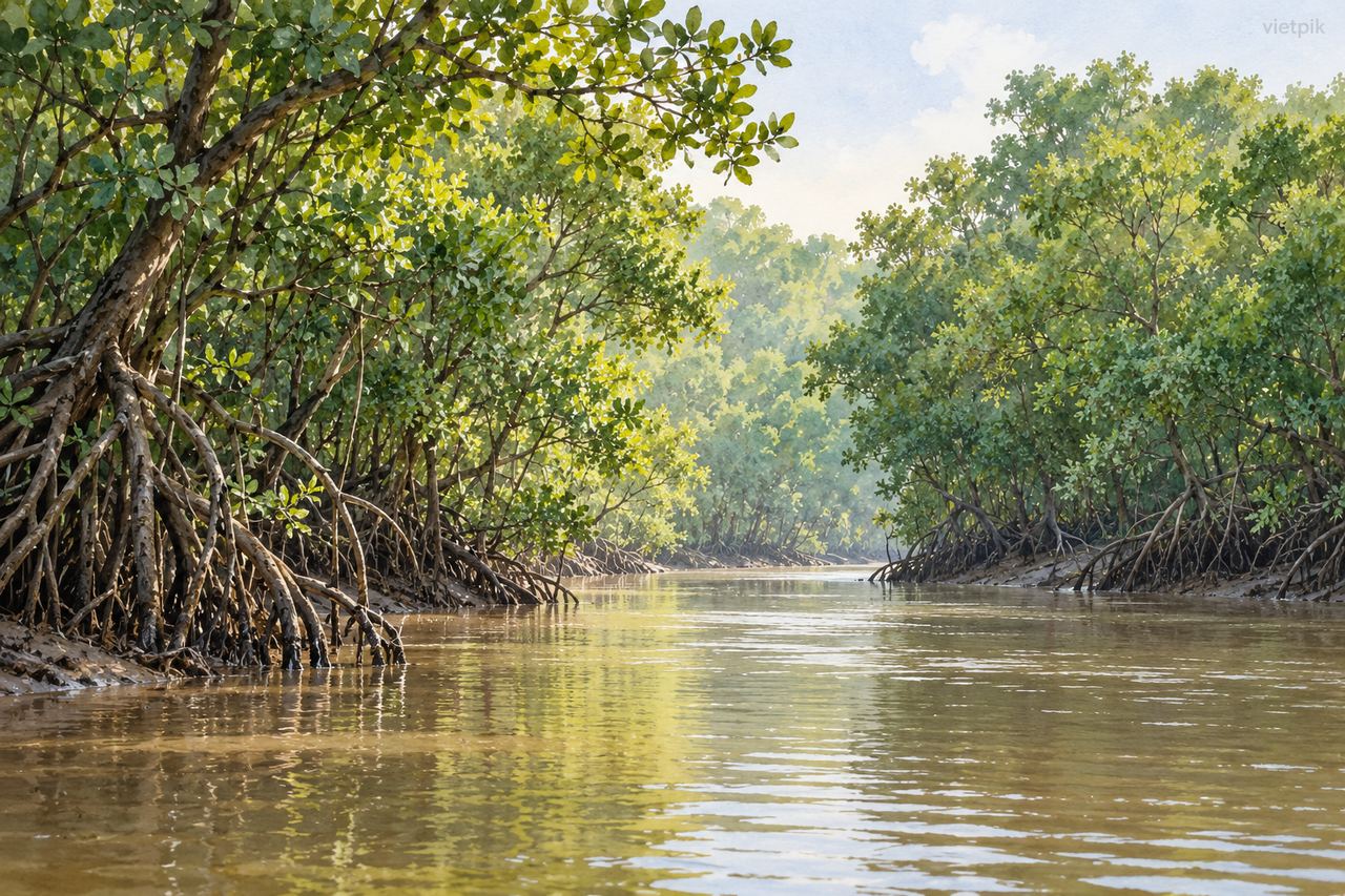 Watercolour concept of a tropical mangrove waterway